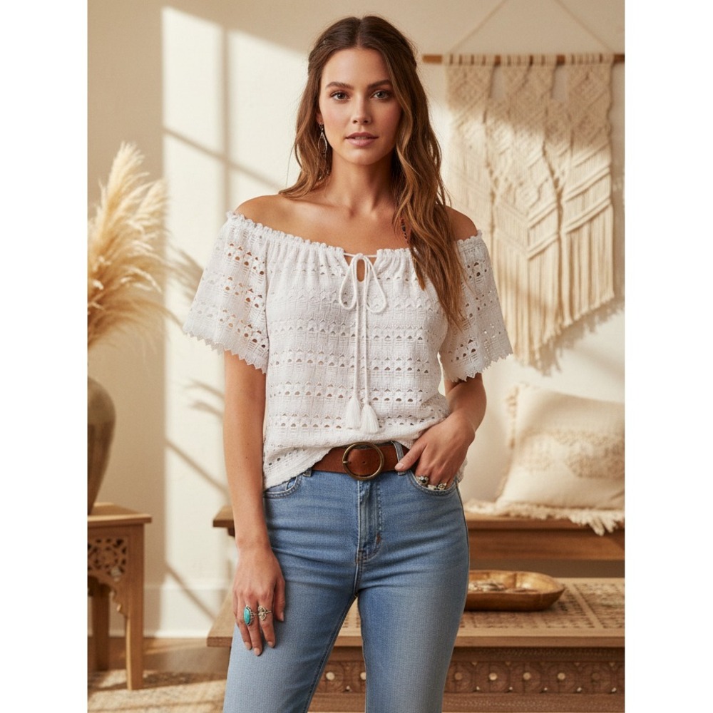 Max Edition L Womens Top White Lace Crochet Tassel Cottage Boho Coastal Feminine